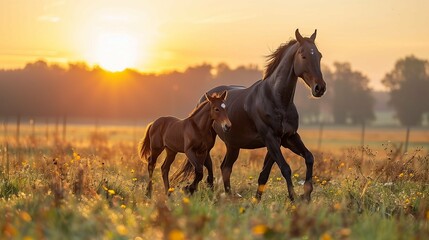horse and foal at sunset