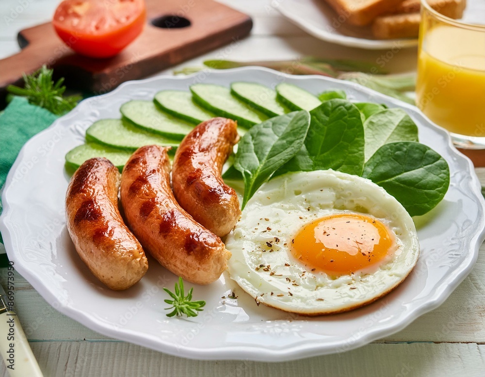 Wall mural Delicious breakfast prepared with three sausages, fried eggs and four pieces of toasted bread served in white plate with fresh spinach, tomato and cucumber slices.  - Wall murals