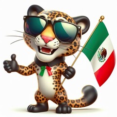 Fototapeta premium a Happy Jaguar wearing sunglasses and holding a Mexico flag