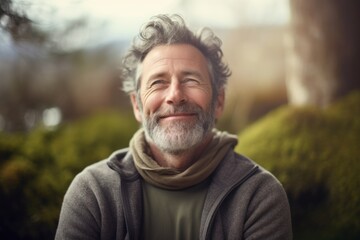 Portrait of a happy man in his 50s dressed in a warm wool sweater on serene meditation room