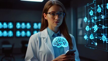 A woman in a lab coat is holding a phone with a  brain floating above her hand. She is looking at the brain. There are screens with brain scans on the wall behind her. - Powered by Adobe