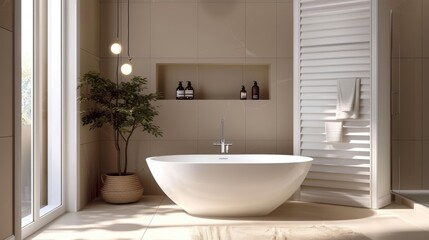 Obraz premium Beige bathroom interior with tub
