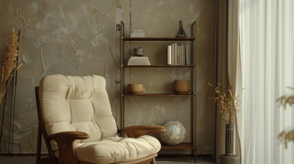 Beige hotel relax interior with armchair and shelf with decoration, mockup frame