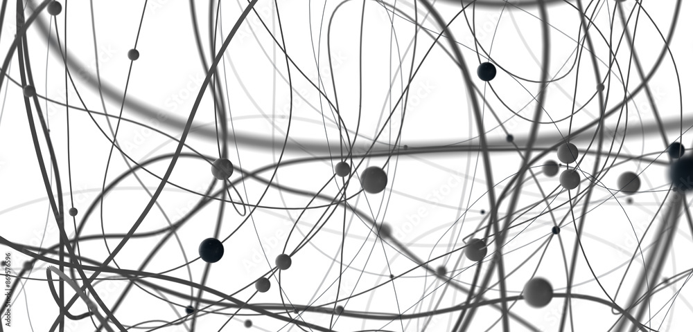Poster Big data visualization. Network connection structure with chaotic distribution of points and lines. 3D rendering.