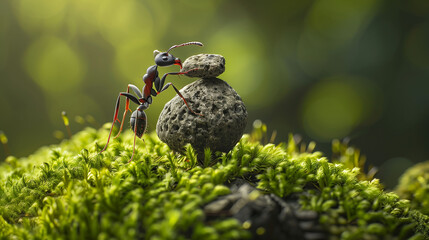 Fototapeta premium A small red ant was crawling on a rock. Stones lie on a surface with green moss.