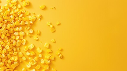 Scattered yellow corn kernels on bright background