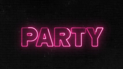 Party text font with neon light. Luminous and shimmering haze inside the letters of the text Party. Party neon sign.