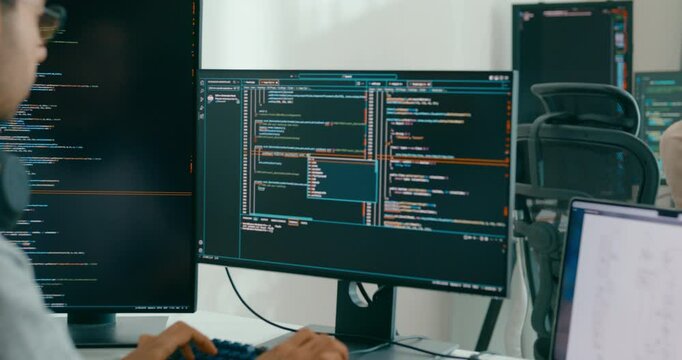 Group Adult Asia male, female freelance typing write prompt AI bot IT app smart program nomad, video game, terminal with coding language, user interface, designer, big data center on desktop computer.