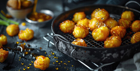 Golden pastry balls glazed with syrup, on wire rack