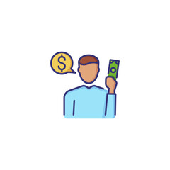 Thinking about money line icon. Man holding banknote and speech bubble with dollar sign. Business planning concept. Can be used for topics like money making, generating idea, financial occupation