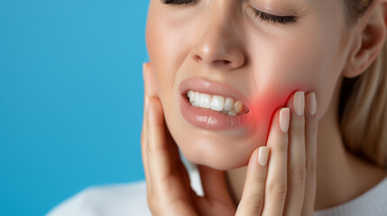 Obraz premium Toothache. Woman touching her cheek, expressing pain. Red spot marking the jaw area. Dental pain, oral health problem