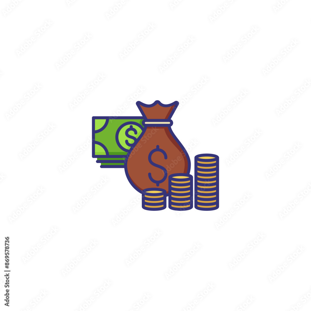 Wall mural Money bag line icon. Sack with dollar sign, stacks of coins, dollar banknote. Finance concept. Can be used for topics like profit, income, loan, encashment - Wall murals