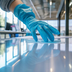 Frau mit blauen Latexhandschuhen zur Desinfektion und Reinigung