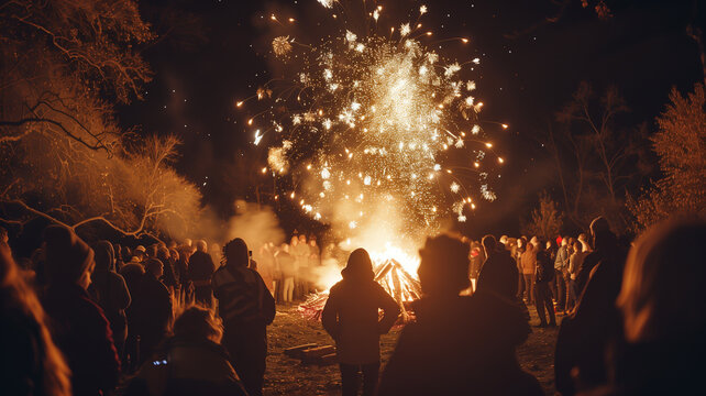 Bonfire Night. A lively bonfire scene with fireworks and people gathered around, celebrating Guy Fawkes Night