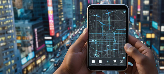 Map application in smartphone. Man navigating in city with mobile phone. Tourist using cellphone with GPS navigation app