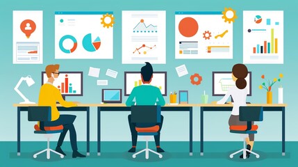 Office team working on data analytics and charts, using computers and discussing business strategy. Collaboration and teamwork concept.