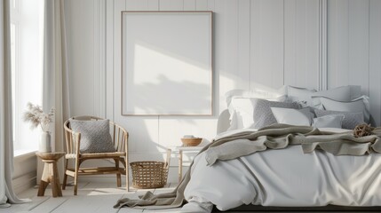 Frame mockup in coastal bedroom interior background