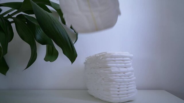 Diapers for the baby. Hands take diapers