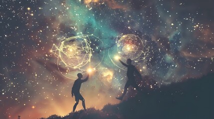 Naklejka premium Businesspeople Exchanging Glowing Spheres in Surreal Starry Sky Symbolizing Cosmic and Success