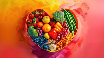 A vibrant photo showcasing a heartshaped bowl filled with nutritious diet foods, including fresh fruits, vegetables, and whole grains, promoting heart health and cardiovascular wellness