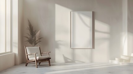Fototapeta premium Minimalist 3D Rendered Frame and Chair in a Sleek and Elegant Room