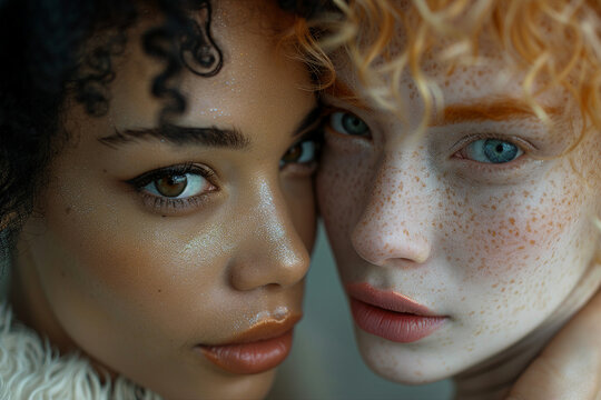 Created with generative AI picture of black african model facing albino woman