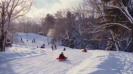 Fototapeta premium Winter Wonderland. A snowy landscape with children playing and sledding, capturing the first snow of the season
