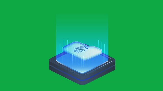 Security file isometric animation with fingerprint on green screen.