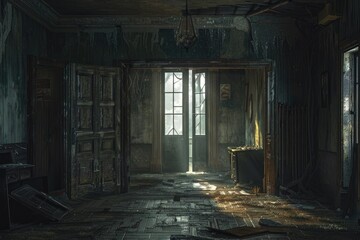 Fototapeta premium Terrifying interior of a deserted house featuring open doors leading to a dark hallway and shattered furniture, with eerie light streaming from the window; concept art, horror photography, highly deta