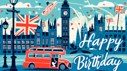 London birthday card with text "Happy Birthday", background.