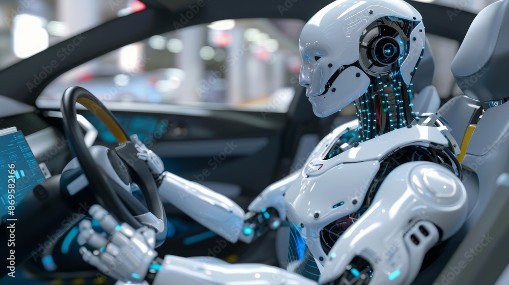Poster a white robot with visible internal mechanisms sits in the drivers seat of a car, holding the steeri