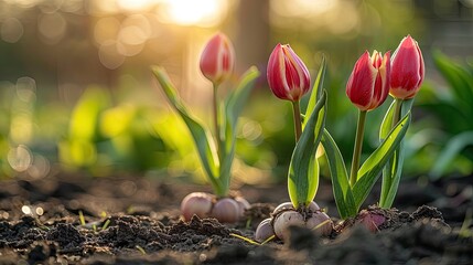 Sprouting tulip bulbs in early spring garden