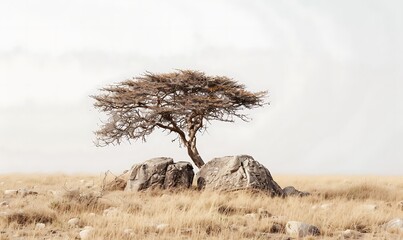 Lone Acacia Tree on Faded Grass Savanna with Rocks, Cut Out