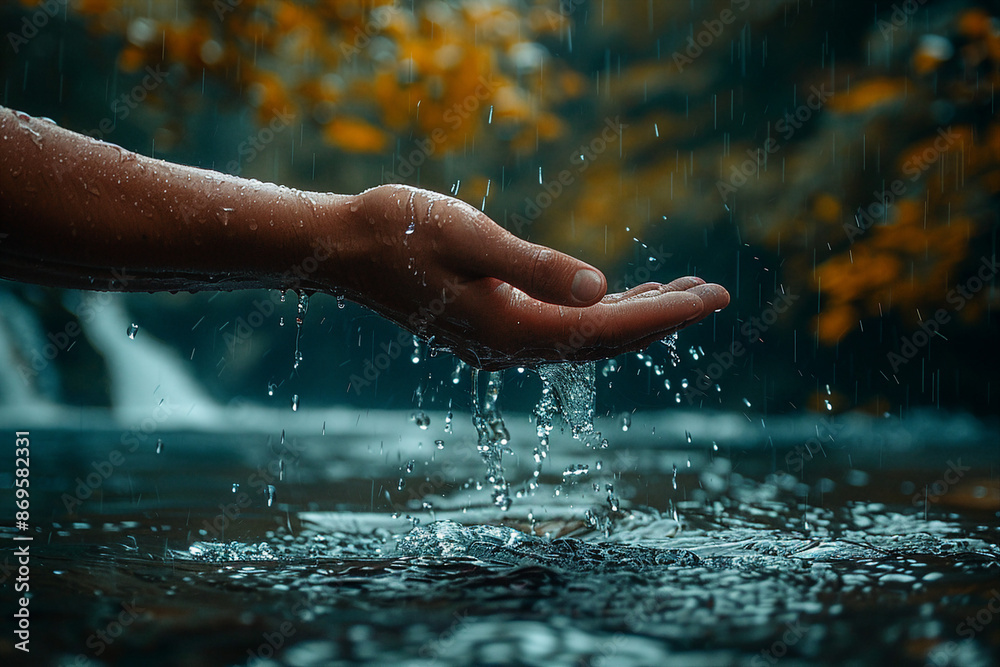 Wall mural AI generated photo of hand holding water from the river