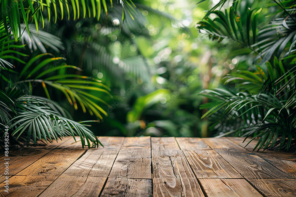 Poster Wooden stairs path through green jungle leaves generate AI