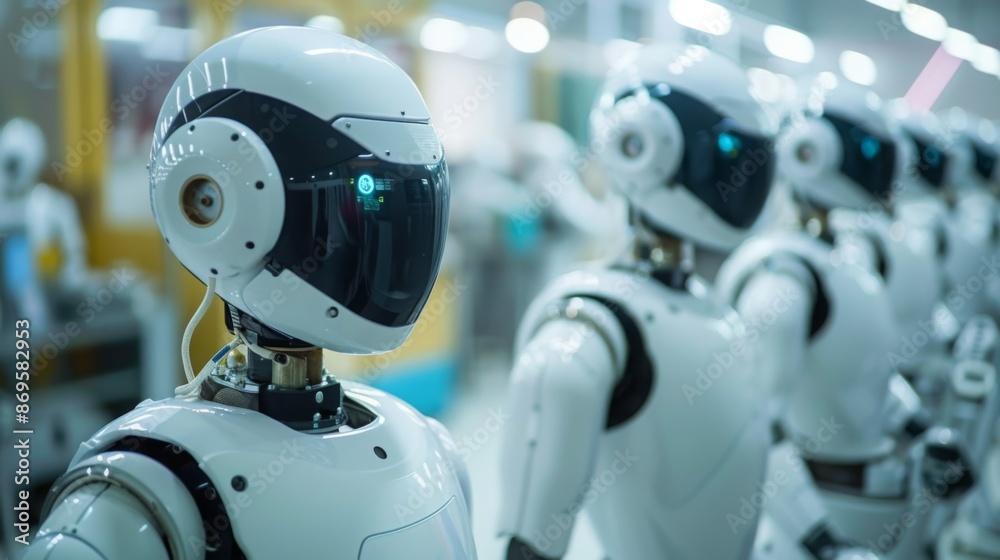 Poster A close-up shot of humanoid robots standing in a row, possibly in a factory setting. The robots are white with black accents and have a futuristic design.