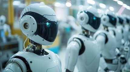 A close-up shot of humanoid robots standing in a row, possibly in a factory setting. The robots are white with black accents and have a futuristic design.