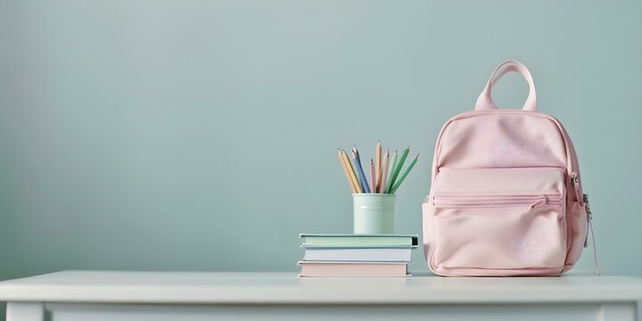 Essential school supplies books backpack stationery desk library set for learning. Concept School Supplies, Books, Backpack, Stationery, Learning