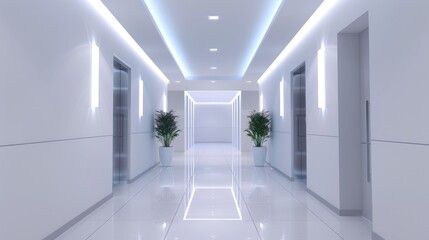 Modern empty foyer or office corridor with sleek clean layout. Idea indoor photos minimal style bright illumination office design lobby