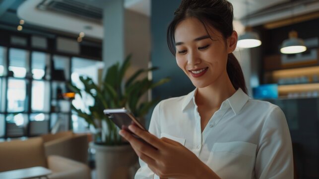 A woman in a white shirt smiles as she uses her smartphone in a modern office setting. The background features a bookshelf, a plant, and a blurred view of a window.