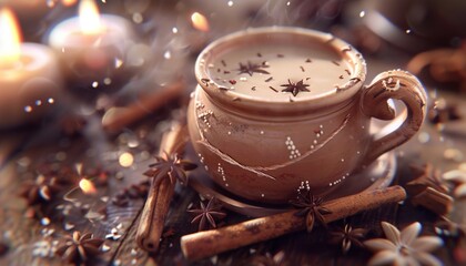 Fototapeta premium Warm Creamy Spiced Chai in Traditional Clay Cup with Cinnamon Sticks and Anise Stars, Cozy and Inviting, Rich Aroma