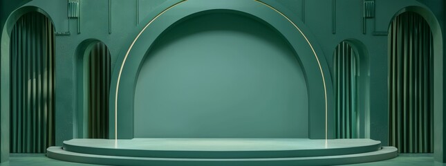 Obraz premium A stylish, green podium with sleek curves against an intricate, archadorned backdrop. Ideal for showcasing products or delivering presentations in a professional, elegant setting