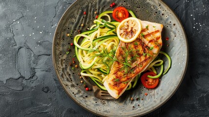 Grilled fish fillet with zucchini pasta. Healthy food concept. Top view, banner