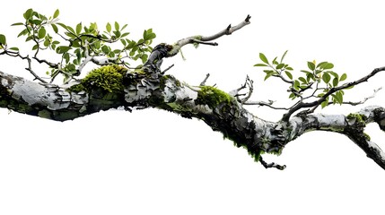 Fototapeta premium Close-up of a Branch with Moss and Green Leaves