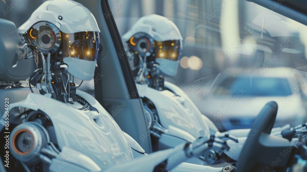 Aufkleber two robots wearing white helmets with glowing eyes are driving cars in a city. the robots appear to 