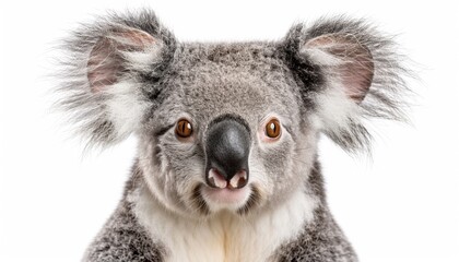 Fototapeta premium Close-Up of Young Koala with Fluffy Grey Fur and Large Ears, Isolated on White Background, Cute and Detailed Animal Portrait