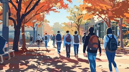 Students walking through a university campus An illustration art style