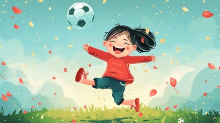 Asian children happily playing soccer at the stadium. Vector