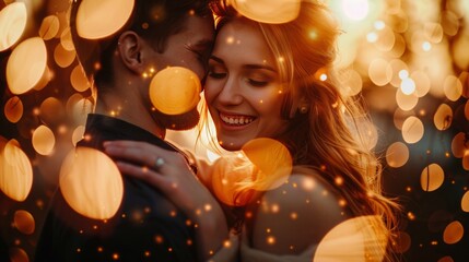 Radiant Love: Joyful Caucasian Couple Embracing on Their Celebratory Wedding Day