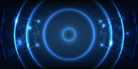Abstract futuristic digital tunnel technology background with glowing circle and hexagonal circuits patterns for advertising and game graphic.Vector illustration 